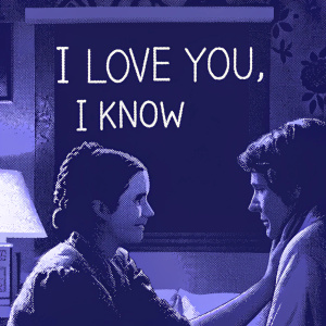 Han Solo and Princess Leia in a heartwarming scene. Purple, floral wallpaper background. 'I Love You, I Know' text prominently displayed
