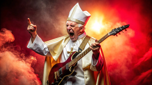 Heavy Metal (music) pope with e-guitar, sreaming like a Metalhead