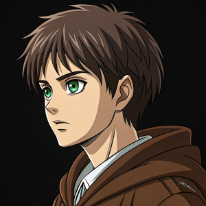 Illustration of Eren Jaeger from Attack on Titan. Contemplative expression, green eyes, brown hair. Black background