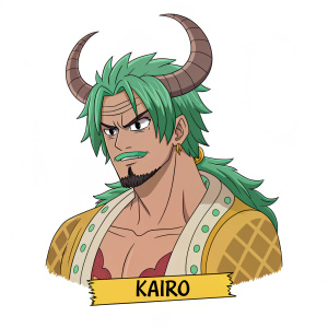 Kairo from One Piece, digital illustration. Strong upper body, green hair with horns, mustache, and stern expression. Character name below in bold font.