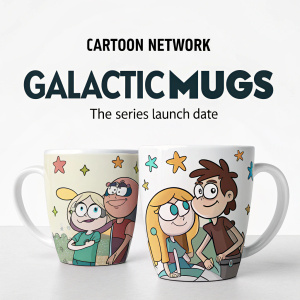 Promotional artwork for Cartoon Network's newest animated series 'Galactic Mugs'. Teaser text highlights the series' launch date and intriguing storyline. Background is a stark white.