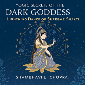Cover Art for 'Yogic Secrets of the Dark Goddess: Lightning Dance of Supreme Shakti' by Shambhavi L. Chopra. Central figure is a deity with detailed traditional attire, depicted in Shakti pose. Deep blue background with subtle gold and silver detailing, blending modern stylization with traditional Hindu art.