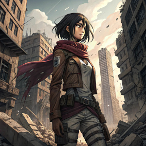 Digital artwork featuring Mikasa Ackerman from Attack on Titan. Urban ruins and fragmented architecture in the background.