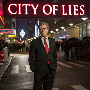 Henry Czerny, actor, stands in front of the camera. Wearing a black suit and red tie. Background is a chaotic city street scene at night. Text reads 'City of Lies'