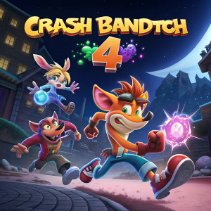 Digital artwork of Crash Bandicoot 4 characters in motion. Dark, neon-lit cityscape background. Game title in bold letters