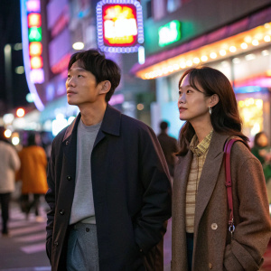 Ji Sung and Kim Ah-Joong at the 'My PS Partner' premiere. Dressed in casual attire, standing on a busy street with neon lights