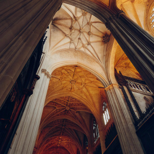A captivating photo of the Seville Cathedral's interior. Shot from below, the image captures towering, intricately designed columns and arches. The ceiling, adorned with a lavish, gold-toned vaulting and detailed stonework, bathed in warm, golden light. The high, vaulted architecture soars above, highlighting the cathedral's stunning Gothic details.