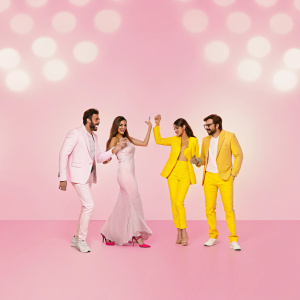 Vidyut Jamwal, Ajay Devgn, Ileana D'Cruz, Esha Gupta, and Emraan Hashmi posing on the stage at the launch party for 'Baadshaho'.