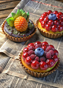 fruit pastries, realistic, high resolution, old newspaper background, zoom in