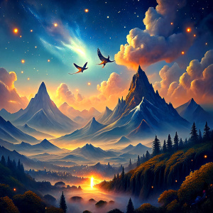 two little birds flying over a beautiful mountain