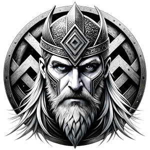 walhalla, viking warrior,  runics face, black work, white backrounds