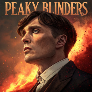 Cillian Murphy, star of Peaky Blinders, in a dramatic close-up. Fiery orange and red background, evoking intensity and emotion. The title 'Peaky Blinders' prominently displayed at the top.