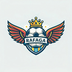 Rafaga brand logo featuring a soccer ball with wings and a crown. Bright colors, modern and dynamic design, set against a light background.