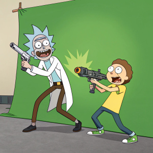 Cartoony Rick Sanchez and Morty Smith in an animated scene. Green screen background, action pose with futuristic weapon