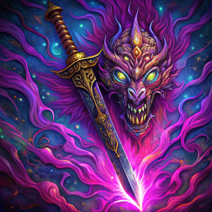 Espada recta jian con aura demoníaca morada con su respectiva funda para guardar la espada