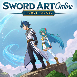 Video game cover for Sword Art Online: Lost Song. Two characters, a male with dark hair and a female with blue hair, stand amidst a dynamic, anime-inspired landscape. The rocky outcrop and swirling design create an immersive background. Game details and ratings prominently displayed.