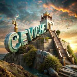 un poseidon subiendo un andador escaleras a un cerro con el texto en 3d ceviche