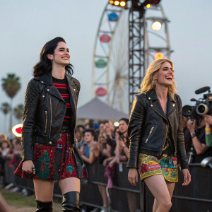 Krysten Ritter and Rachael Taylor at a bustling outdoor festival. Wearing black leather jackets, paired with colorful skirts and high boots. Surrounded by flashing cameras and enthusiastic crowd.