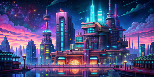 32 bit pixel art, futuristic city building, great sky-above background, by night, 