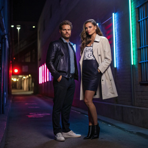 Gregory Siff and Alyssa Arce on the set of a fashion shoot. Dark alleyway background with neon lights