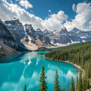 Aerial view of Moraine Lake, Banff National Park, Canada. Vibrant turquoise waters reflect snow-capped mountains and dense evergreen forests. Clear blue sky with fluffy white clouds