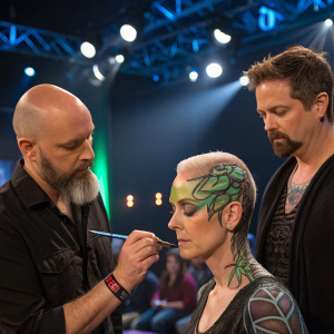 Contestants Glenn Getrick, Ve Neill, and Neville Page on set of Syfy's Face Off. Three makeup artists working on intricate designs. Studio audience and bright lights in background.
