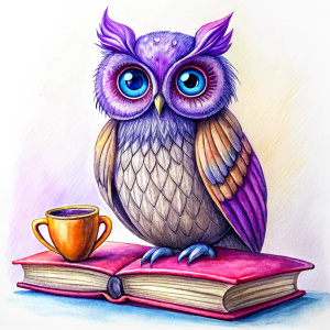 silver and purple owl with a cup of coffe sitting on a pile of books