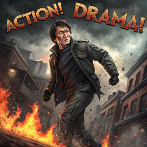 Jackie Chan in a high-action movie poster. Surrounded by flames in a chaotic urban setting. Dark colors with fiery accents. The text reads 'Action! Drama!'