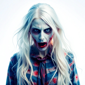 a zombi women with long white hair, close up photo