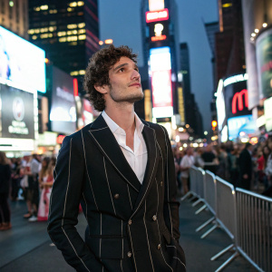 Yon Gonzalez, Caucasian male, calm expression, curly hair, wearing a black suit with a white shirt, standing in Times Square during a busy evening
