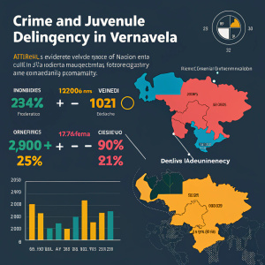 Infografía sobre las estadísticas del crimen y la delincuencia juvenil en Venezuela. Fondo oscuro, diseño moderno, mapas y datos claramente presentados.