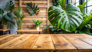 Wooden table foreground, wood table top front view.monstera leaf  background.