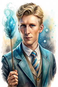 a handsome slender tanned 30-year-old man with short hair, dressed in Hogwarts uniform, holding a magic wand in his right hand