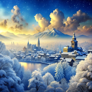 Winter month, beautiful cityscape with snow