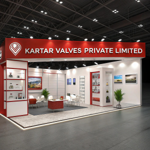 Kartar Valves Private Limited's exhibition space. Sleek, modern booth with red and white color scheme. Branding prominently displayed, featuring the company logo and website URL. Booth includes seating areas, informational displays, and product showcases.