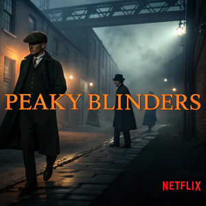 Promotional image for Peaky Blinders, featuring dark, gritty aesthetic. Netflix logo subtly placed at bottom right corner. Orange text contrasts against muted tones.