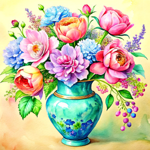 a WATERCOLOR IMAGE, Antique Bohemian Enamel decorated Blue Glass Vase, decorated with gold fine porcelain flowers .THERE ARE IN THE VASE : amaranth peonies , red WEEDS ,burgundy PEONIES, orange Bougainvillea, purple dandelion ,orange  geranium,Narcissus,mint crocusES ,mauve daffodil ,mustard roses ,amaranth Damarion s, ruspberry tulips , pink freesia , lavender, Common Crape Myrtle ,red Watsonia ,ruby tritoma. carmine Chandramallika, burgundy VIOLETS ,lila SISYMBRIUM,CREAM CHAMOMILE , teracott