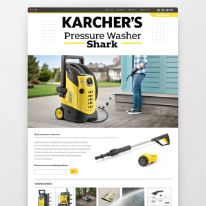 A meticulously designed webpage for Karcher's Pressure Washer Shark. Top banner highlights the product name. Below, detailed product listings include descriptions and prices. Clean, organized layout with headers, subcategories, pricing info, and a prominent call to action for deals.