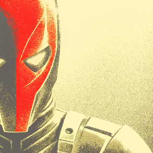 High-definition digital render of RedHood from Deadpool series. Intense close-up. Detailed mask with red and black colors. Futuristic design. Neutral gray background.