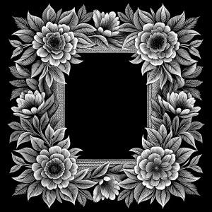 Openwork rectangular floral frame, white on black background, vector