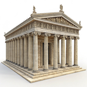 Digital 3D model of an ancient Greek temple. Intricate columns and moldings highlighted. Symmetrical design with repeating patterns. Detailed focus on architectural elements.