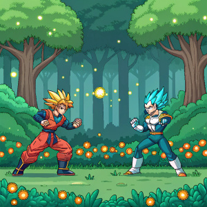 Pixel art depiction of Goku and Vegeta, Dragon Ball heroes, battling in a lush forest setting