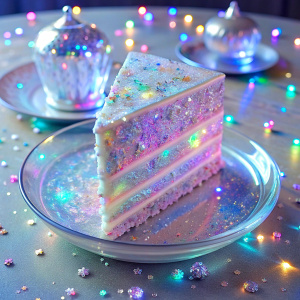 
   too much glitter very sparkly crystal effect fantasized glam Sprinkle Tableware   slice cake on the table Shimmering light pastel Bioluminescent fairytale masterpiece Magical Holographic  Glossy Bioluminescent iridescence  Shimmering Holographic   Foil Glossy Patent Spandex Vinyl