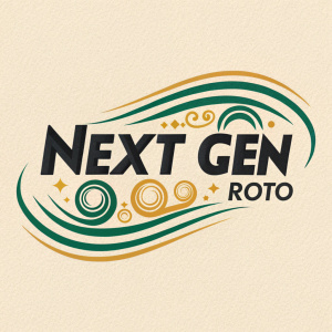 Modern logo design for Next Gen Roto. On a light beige background. Black text with swirling green and gold accents.