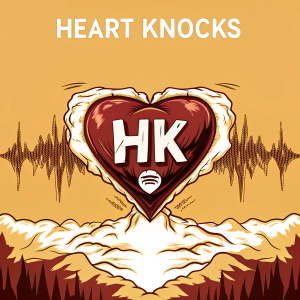 Animated digital artwork for Heart Knocks podcast. Heart-shaped logo with 'HK', encircled by social media logos and soundwaves.