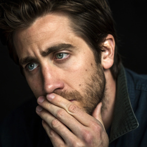 Jake Gyllenhaal, looking intense, hand over nose. Dark background, close-up shot.