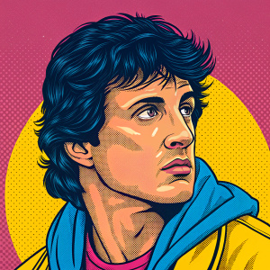 Rocky Balboa, the Italian Stallion, illustrated in vibrant pop art style. Bright colors including pink, yellow, and blue. Intense expression, graphic novel feel