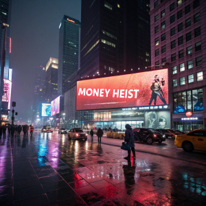 Nighttime scene with giant billboard for Money Heist in bustling city. Bright neon lights reflecting off wet streets.