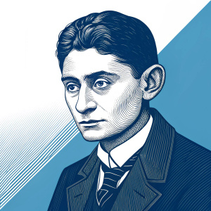 Digital illustration of Franz Kafka in graphic design style. Featuring contrasting shades of blue and white. Emphasizing lines and shapes for a stylized effect.