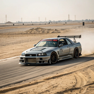 Custom Nissan Skyline GTR R34 on a dusty racetrack. The car features racing components and Toyo tires.